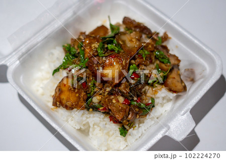 Rice with Stir-Fried Holy Basil with Crispy Pork Belly Rice with Stir-Fried Holy Basil with Crispy Pork Belly 102224270