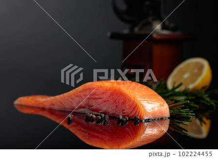 Salmon with rosemary, lemon, and peppercorn on a dark background. Salmon with rosemary, lemon, and peppercorn on a dark background. 102224455