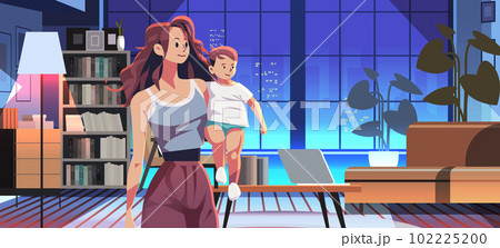 happy mother with little son spending time together motherhood concept modern living room interior 102225200