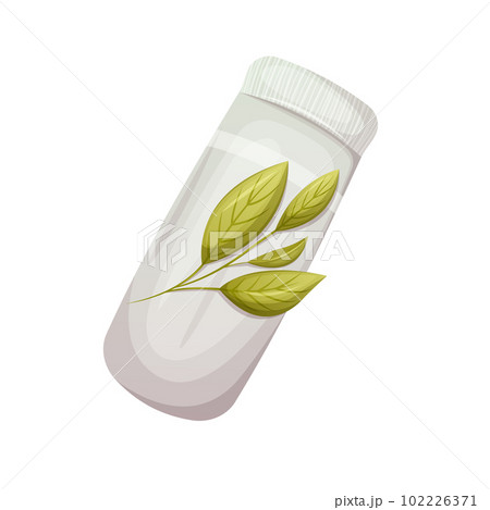 Rolled up bath towel. Top view. Twig with green leaves. The concept of spa, relaxation. Cartoon Rolled up bath towel. Top view. Twig with green leaves. The concept of spa, relaxation. Cartoon 102226371