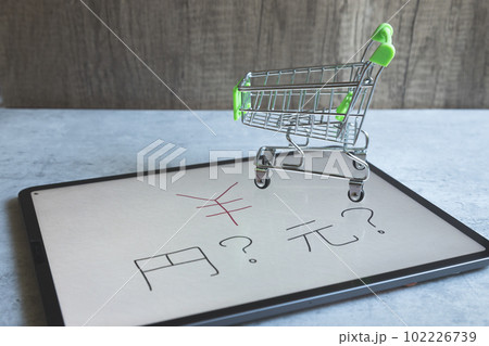タブレットに書かれた円と元の漢字とショッピングカート タブレットに書かれた円と元の漢字とショッピングカート 102226739