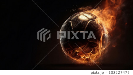 Soccer ball engulfed in flames, an explosive moment of competition, the thrill of the game captured in AI Generative. 102227475