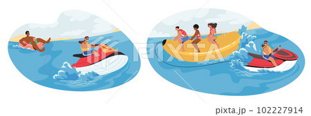 Rider Characters On Banana Boat And Water Tube Experience High-speed Thrills While Being Pulled Behind A Jet Ski Rider Characters On Banana Boat And Water Tube Experience High-speed Thrills While Being Pulled Behind A Jet Ski 102227914