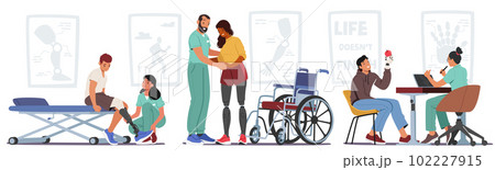 Rehabilitation Of People With Prosthesis. Characters Training To Adjust New Limb, Relearning Everyday Tasks 102227915
