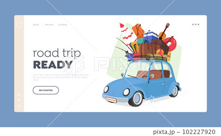Road Trip Landing Page Template. Vintage Car With Luggage On Roof, Ready For Adventure Or Travel, With Roof Rack 102227920