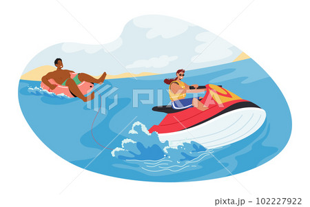 Man Character Riding Water Tube, Soaring Over Waves, Feeling Rush Of Wind And Spray. Balancing On The Tubing 102227922