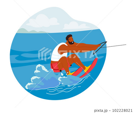 Male Character Using Specialized Skis Moving Swiftly Through The Water, Carving Turns, Jumping Wakes And Catching Air 102228021