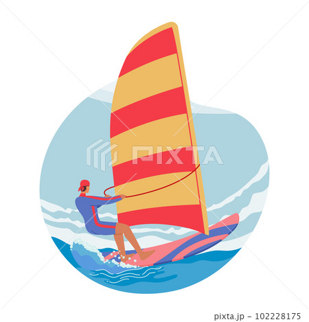 Male Character Windsurfing Activity. Man Enjoying Thrill Of Sport, Gliding Over The Waves With Sail Powered By The Wind 102228175