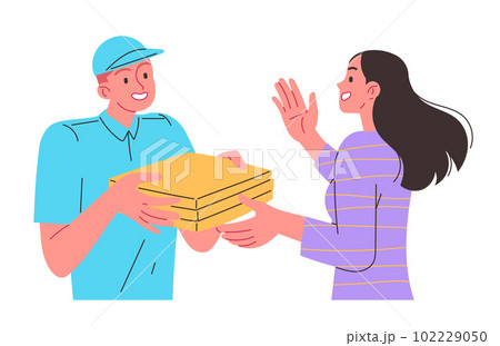 Courier hands pizza to woman, home delivery 102229050