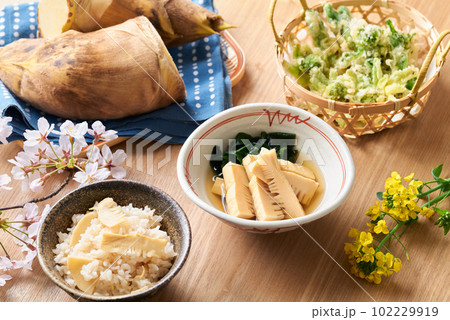 春の料理 筍ご飯 若竹煮 山菜の天ぷら 春の料理 筍ご飯 若竹煮 山菜の天ぷら 102229919