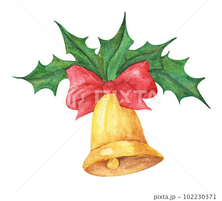 Golden watercolor christmas bells with red ribbon and holly. 102230371