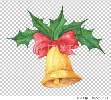 Golden watercolor christmas bells with red ribbon and holly. 102230371