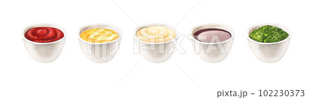 Watercolor delicious bowls with sauces. Hand-drawn illustration isolated on white background close-up. Perfect for menu cafe, restaurant, recipe book, cooking, barbecue Watercolor delicious bowls with sauces. Hand-drawn illustration isolated on white background close-up. Perfect for menu cafe, restaurant, recipe book, cooking, barbecue 102230373
