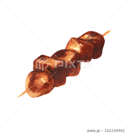 Watercolor grilled meat chicken kebab. Hand-drawn illustration isolated on white background close-up. Perfect for menu cafe, restaurant, recipe book, cooking, barbecue Watercolor grilled meat chicken kebab. Hand-drawn illustration isolated on white background close-up. Perfect for menu cafe, restaurant, recipe book, cooking, barbecue 102230402