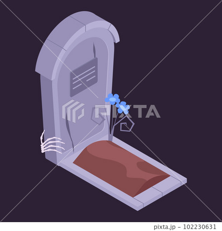 Isometric horror tombstone grave. Monster skeleton arm, spooky zombie hand on stone monument, scary holiday 3d vector illustration Isometric horror tombstone grave. Monster skeleton arm, spooky zombie hand on stone monument, scary holiday 3d vector illustration 102230631