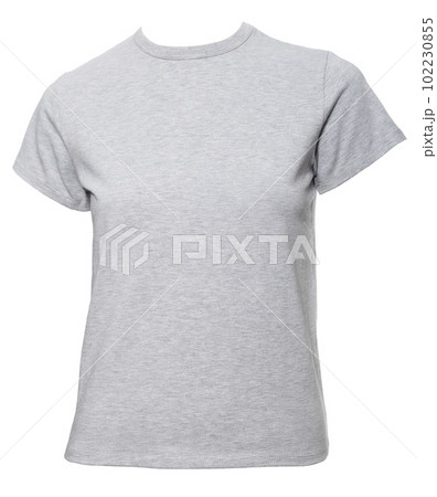Grey shortsleeve cotton tshirt template on female mannequin isolated on white 102230855
