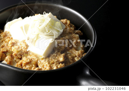 お豆腐たっぷりピリ辛熱々麻婆豆腐を黒背景で撮影 お豆腐たっぷりピリ辛熱々麻婆豆腐を黒背景で撮影 102231046