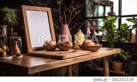 Menu mack up blank for text marketing promotion. Mock up Menu frame standing on wood table in restaurant space for text. 102231119