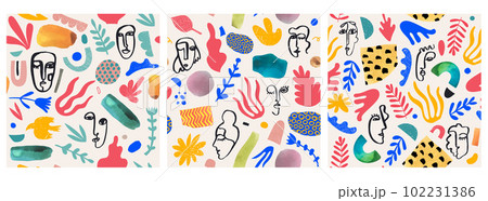 Vector set of seamless patterns. Collage cutout shapes, flowers and hand drawn cubism faces. 102231386