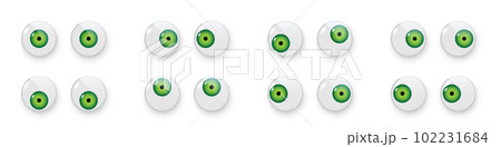 Toy eyes set vector illustration. Wobbly plastic open green eyeballs of dolls looking up, down, left, right, crazy round parts with black pupil collection isolated on white background Toy eyes set vector illustration. Wobbly plastic open green eyeballs of dolls looking up, down, left, right, crazy round parts with black pupil collection isolated on white background 102231684
