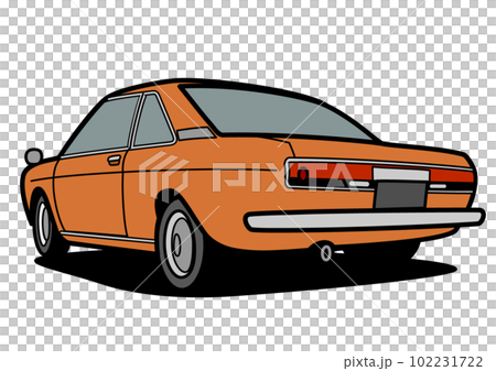 レトロな国産スポーツセダン リアビュー オレンジ色系 自動車イラスト