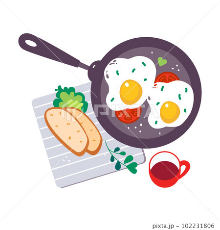 Scrambled Eggs with Tomato on Frying Pan as Tasty Breakfast or Brunch with Typical Food Top View Vector Illustration 102231806