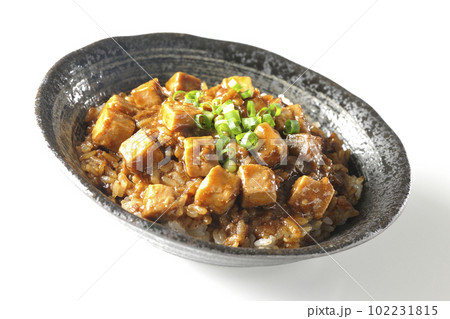 小ねぎとお豆腐たっぷりピリ辛麻婆豆腐丼を白背景で撮影 102231815