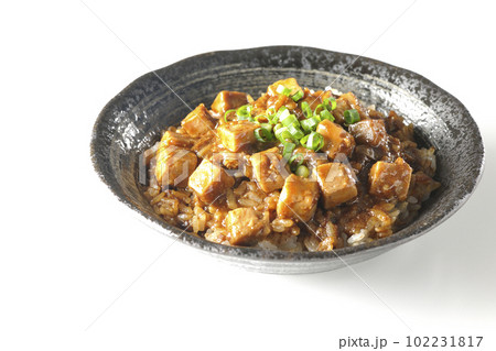 小ねぎとお豆腐たっぷりピリ辛麻婆豆腐丼を白背景で撮影 小ねぎとお豆腐たっぷりピリ辛麻婆豆腐丼を白背景で撮影 102231817