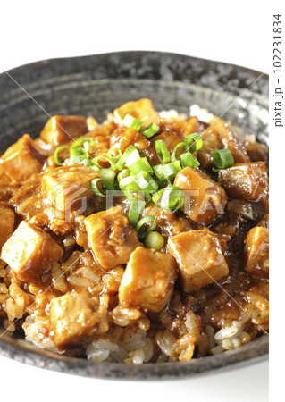 小ねぎとお豆腐たっぷりピリ辛麻婆豆腐丼を白背景で撮影 102231834