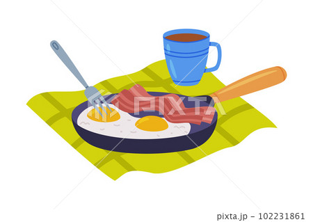 Scrambled Eggs and Bacon on Frying Pan and Coffee in Mug as Tasty Breakfast or Brunch with Typical Food Vector Illustration Scrambled Eggs and Bacon on Frying Pan and Coffee in Mug as Tasty Breakfast or Brunch with Typical Food Vector Illustration 102231861