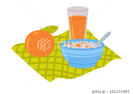 Porridge in Bowl with Orange Juice in Glass as Tasty Breakfast or Brunch with Typical Food Vector Illustration Porridge in Bowl with Orange Juice in Glass as Tasty Breakfast or Brunch with Typical Food Vector Illustration 102231865