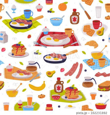 Tasty Breakfast or Brunch with Typical Food Served on Plate Vector Seamless Pattern 102231892