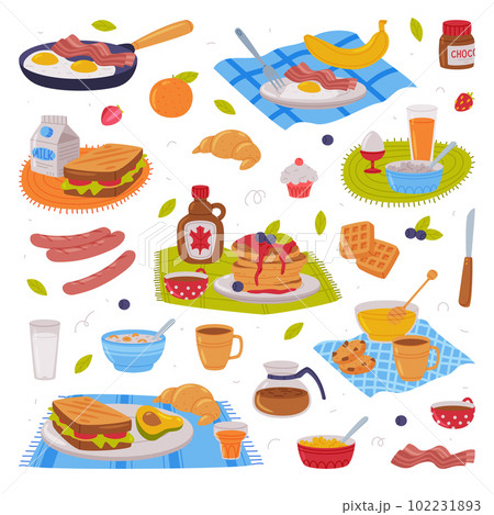 Tasty Breakfast or Brunch with Typical Food Served on Plate Vector Set 102231893