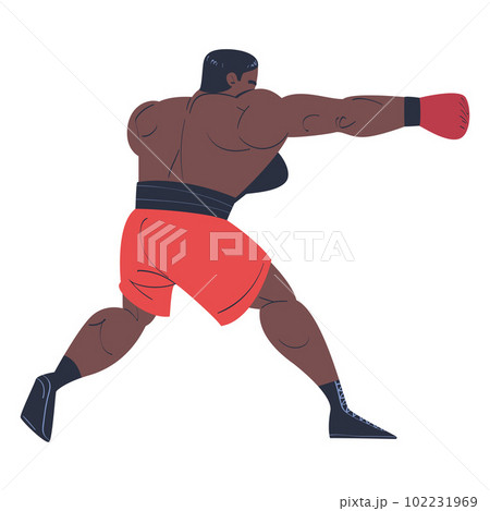 Muscular man in shorts and red boxing gloves throwing punches cartoon vector illustration Muscular man in shorts and red boxing gloves throwing punches cartoon vector illustration 102231969