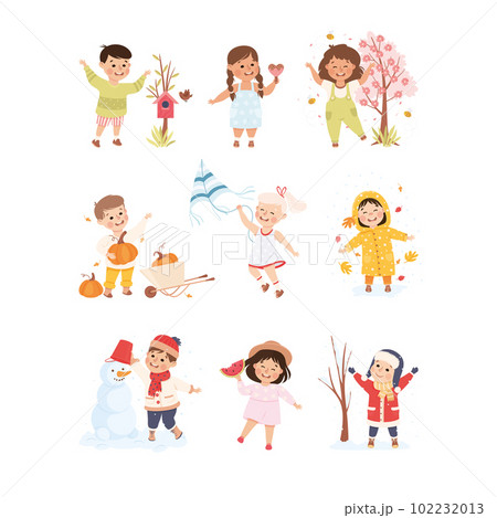 Happy kids playing outdoors at different seasons set. Cute boys and girls playing and walking outdoors cartoon vector illustration 102232013
