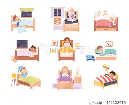 Little Kids in Bed Sleeping and Getting Ready to Night Rest Vector Set 102232016