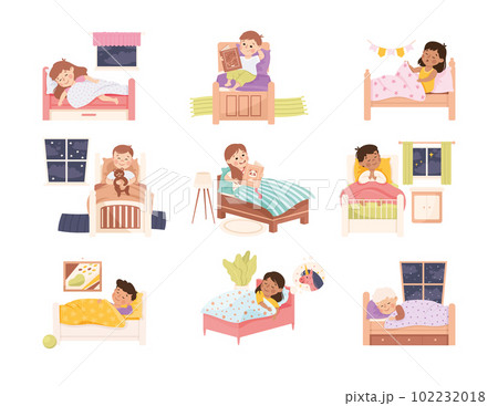 Little Kids in Bed Sleeping and Getting Ready to Night Rest Vector Set 102232018