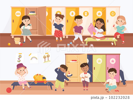 Little Boy and Girl Changing Clothes at Locker...のイラスト素材 [102232028 ...