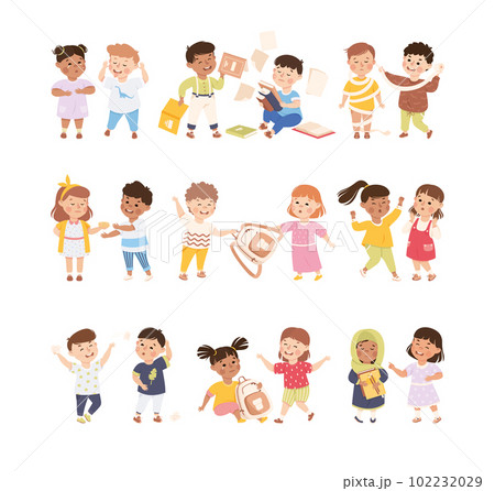 Kids getting bullied by classmates at school set. Hoodlum naughty children offending boys and girls. Mockery and bullying cartoon vector illustration Kids getting bullied by classmates at school set. Hoodlum naughty children offending boys and girls. Mockery and bullying cartoon vector illustration 102232029