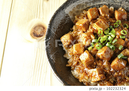 小ねぎとお豆腐たっぷりピリ辛麻婆豆腐丼を俯瞰で撮影 102232324