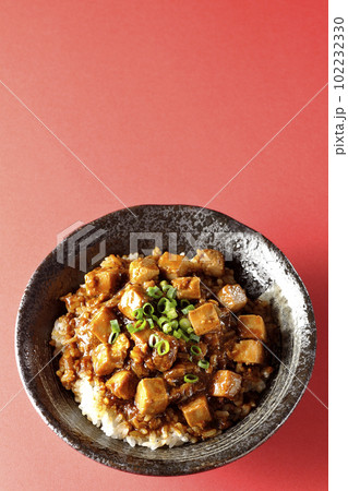 小ねぎとお豆腐たっぷりピリ辛麻婆豆腐丼を俯瞰で撮影 102232330