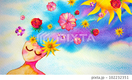 human head chakra body mind mental health healing spiritual imagine yoga breath power peace inspiring energy emotion holistic connected universe abstract art watercolor painting illustration design 102232351