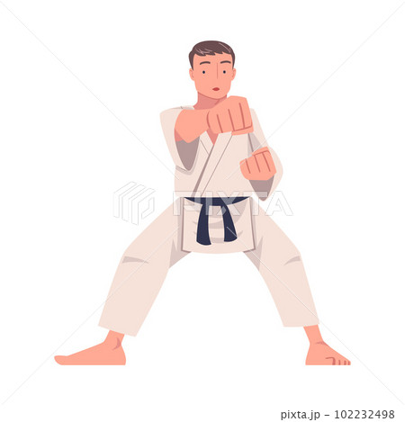 Young Man Doing Karate Wearing Kimono and Black Belt Engaged in Martial Art Vector Illustration 102232498