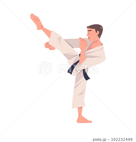 Young Man Doing Karate Wearing Kimono and Black Belt Engaged in Martial Art Vector Illustration 102232499