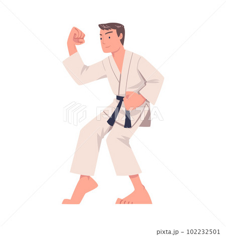 Young Man Doing Karate Wearing Kimono and Black Belt Engaged in Martial Art Vector Illustration 102232501