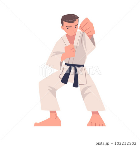 Young Man Doing Karate Wearing Kimono and Black Belt Engaged in Martial Art Vector Illustration 102232502