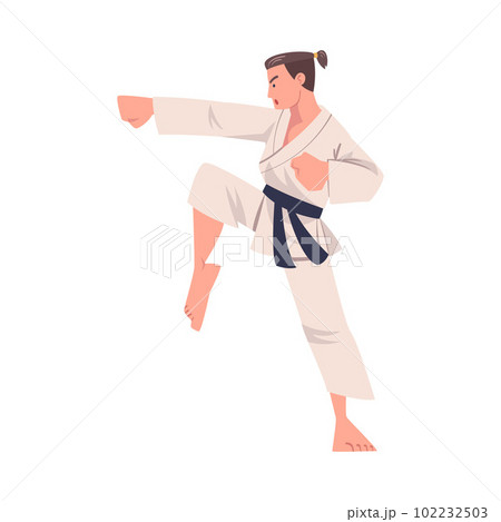 Young Man Doing Karate Wearing Kimono and Black Belt Engaged in Martial Art Vector Illustration 102232503