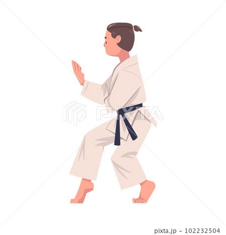 Karate Man Wearing Kimono and Black Belt Practicing Martial Art Vector Illustration 102232504