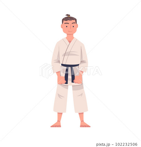 Karate Man Wearing Kimono and Black Belt Practicing Martial Art Standing and Smiling Vector Illustration Karate Man Wearing Kimono and Black Belt Practicing Martial Art Standing and Smiling Vector Illustration 102232506