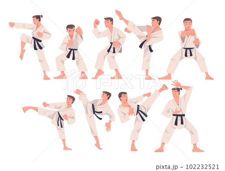 Young Man Doing Karate Wearing Kimono and Black Belt Engaged in Martial Art Vector Set Young Man Doing Karate Wearing Kimono and Black Belt Engaged in Martial Art Vector Set 102232521